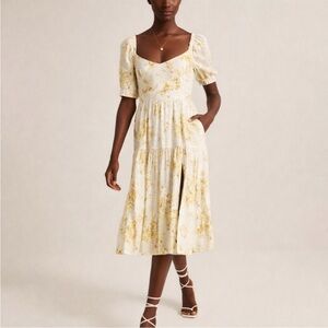 Abercrombie & Fitch Smocked Yellow Floral Puff Sleeve Slit Tiered Midi Dress S